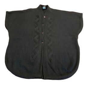 Women’s Black Poncho Cape Sweater Liliano Creations Cable Knit Detail